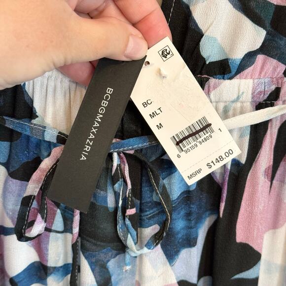 BCBGMAXAZRIA Plunge Halter Tropical Leaf Print Jumpsuit Womens M Multi Boho NWT - Picture 6 of 10